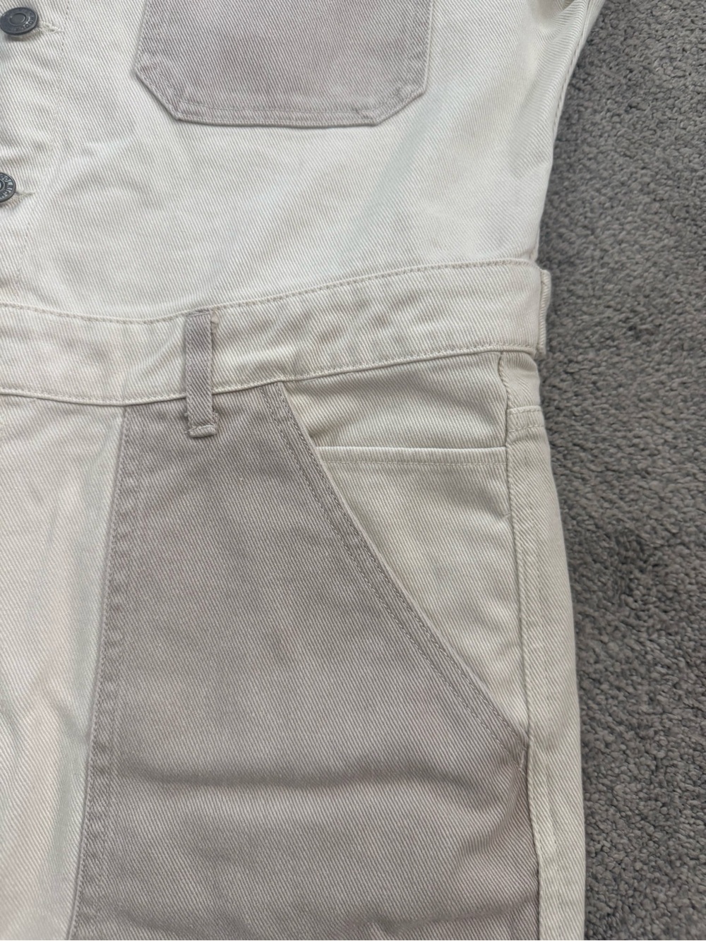 Woolrich women’s Cream and Light Taupe Two-Tone Button Down Denim Jumpsuit - Picture 11 of 13